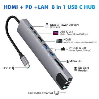 8-IN-1 USB C HUB Type C To HDMI Adapter Type-c To USB 3.0 RJ45 Ethernet Micro SD Card Reader USB C 3.1 Data Transfer 87W PD Charging Multi Port HUB Type C Docking Station