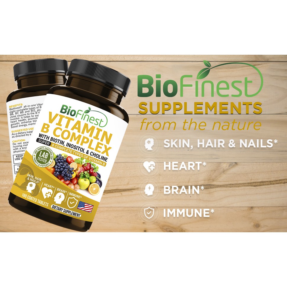Biofinest Vitamin B Complex - B1 B2 B3 B5 B6 B7 B9 B12 Biotin Inositol  Niacin - Brain Skin Hair (180 Coated Tablets) | Shopee Singapore