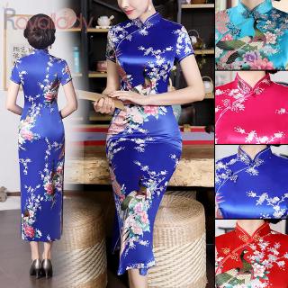 Image of Qipao Crane Print Maxi Chinese Style Long Gown Embroidery Floral Silk Satin Cheongsam Cocktail Traditional