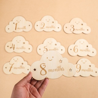 8pcs Baby Birth Wooden Cloud Milestone Commemorate Cards Toy Newborn Month Milestone Teether Baby Toddler Photography Accessories