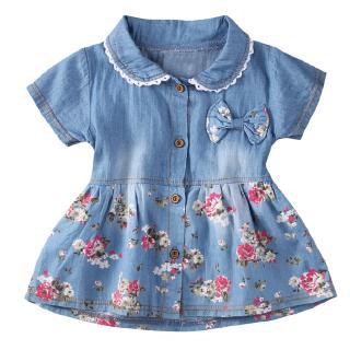 ℛCute Baby Kids Girls Denim Floral Short Sleeve Dress Bowknot Sundress Skirt #5