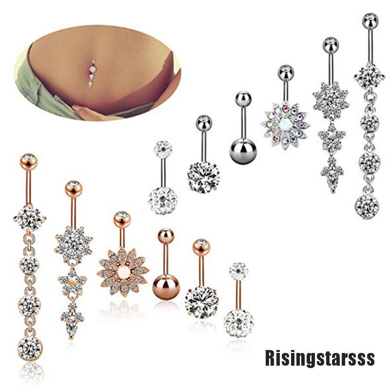 Hot Sale 6pcs Set Stainless Steel Crystal Dangle Belly Button Rings Navel Body Piercing Shopee Singapore