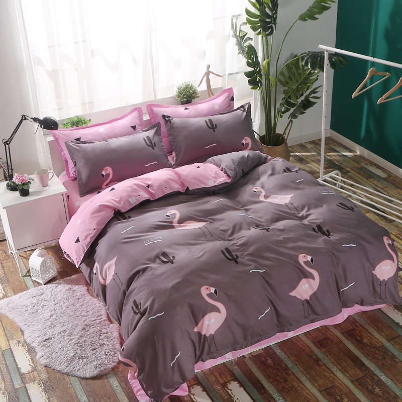 Pink Flamingo With Dark Red Bedding Set Pink Flatsheet Shopee