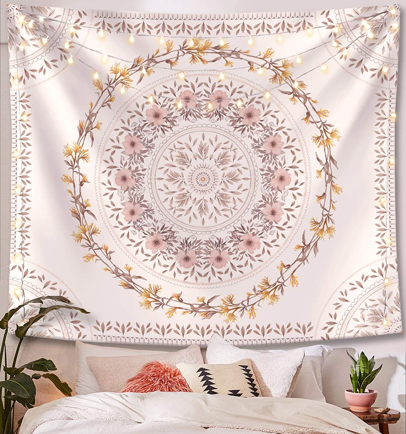 Lifeel White Bohemian Tapestry Wall Hanging, Mandala Floral Medallion Hippie Tapestry with Light