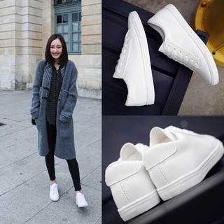 Image of 【Spot goods】 new women's PU leather solid color white shoes casual sports comfortable breathable beef tendon bottom
