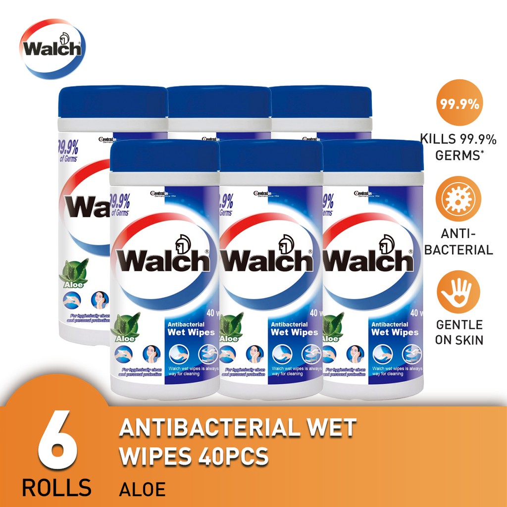 Walch Antibacterial Wet Wipes Tissues 40s x 6 Rolls Kills 99.9 Germs