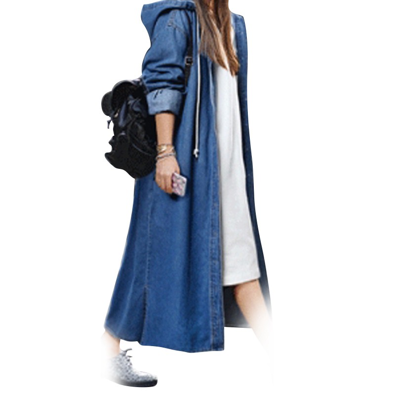 Women Long Sleeve Hooded Denim Jacket Coat Cardigan Dark Blue S