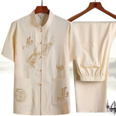 Fashion Tang Suit Chinese Traditional Wear Costume Hanfu Style Shirt Tang Style Men S Summer Middle Aged And Old People S Big Size Father Short Sleeve Shirt Suit Chinese Embroidery Grandfather Morning Exercise Hanfu