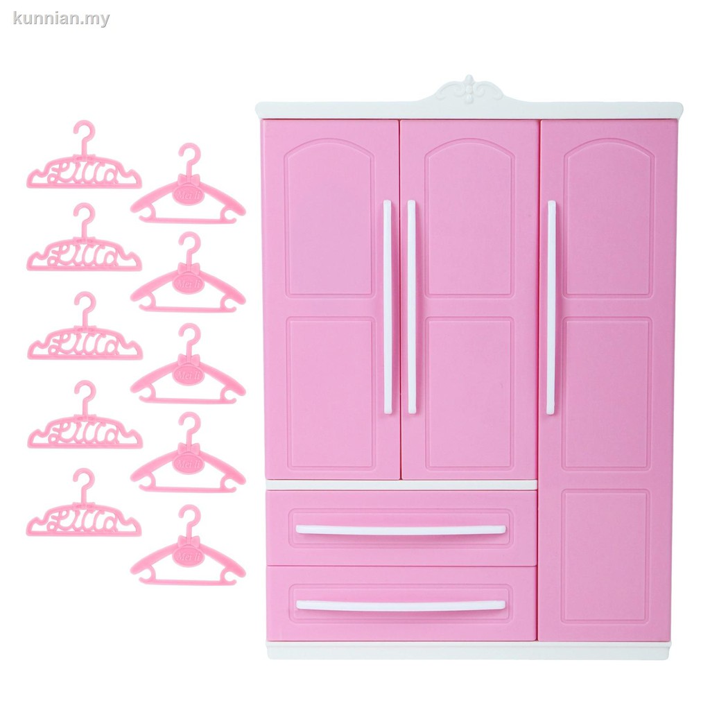 1 Set Lovely Plastic Cloest Wardrobe With Mirror 10 Pink Hangers For Barbie Doll Bedroom Toy Shopee Singapore