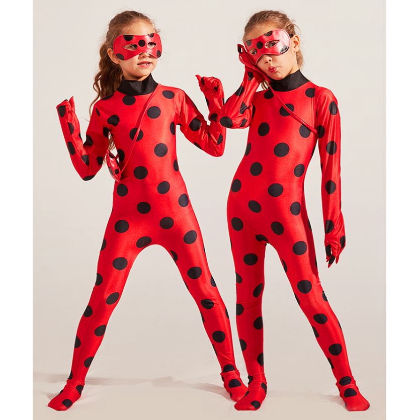Mask and yoyo 3pcs Girls Ladybug Costume Lady Bug Cosplay for Kids Jumpsuit Set 