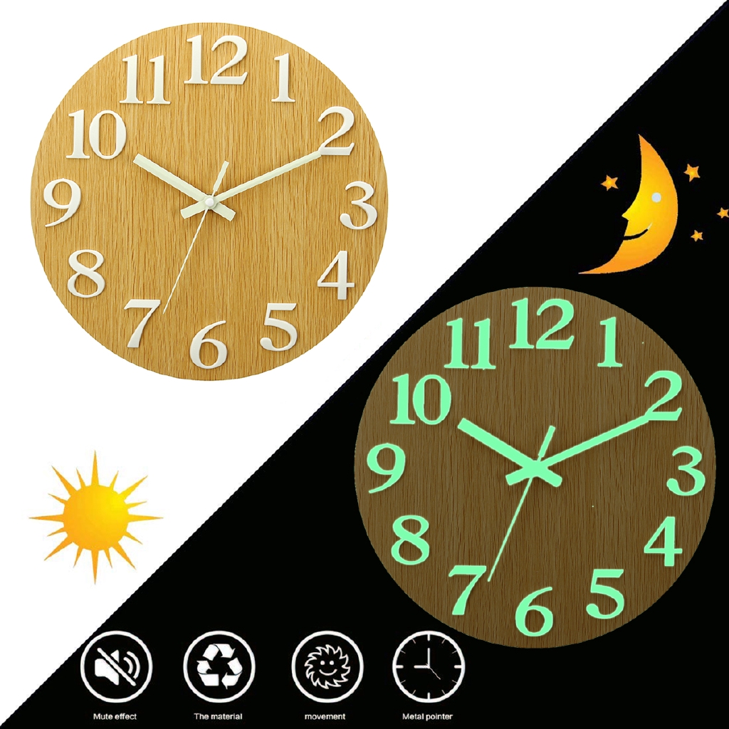 ⌘⌘Wall Clock Glow In The Dark Silent Quartz Indoor Living Room Bedroom