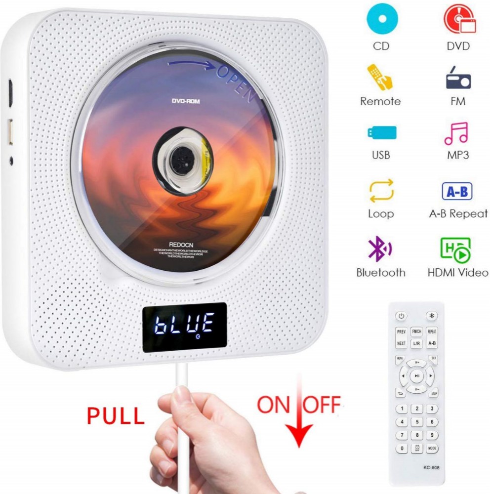 Portable Bluetooth DVD / CD Player, Wall-Mounted DVDs Player, Dual Pull Switch, Music Player Support HiFi Speakers1080P HDMI Output with Remote for TVMusic Player FM Radio USB AV