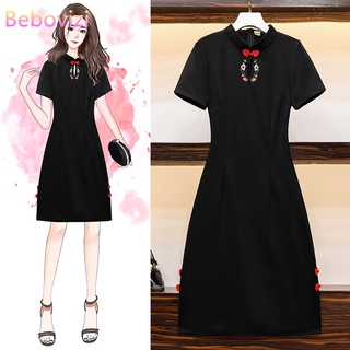 Image of 2020 M-4XL Plus Size Vintage Black Embroidery Chinese Traditional Qipao Casual Party Women Midi Dress Summer Cheongsam Dresses