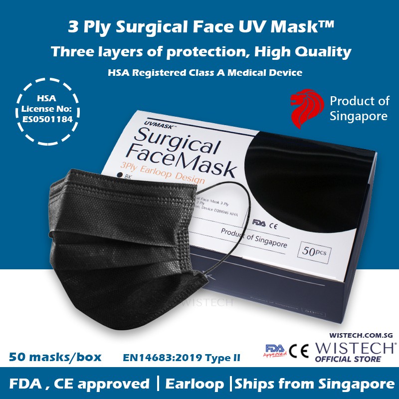 Black color Wistech 3 Ply Surgical Mask, 50 pcs, HSA Registered Medical