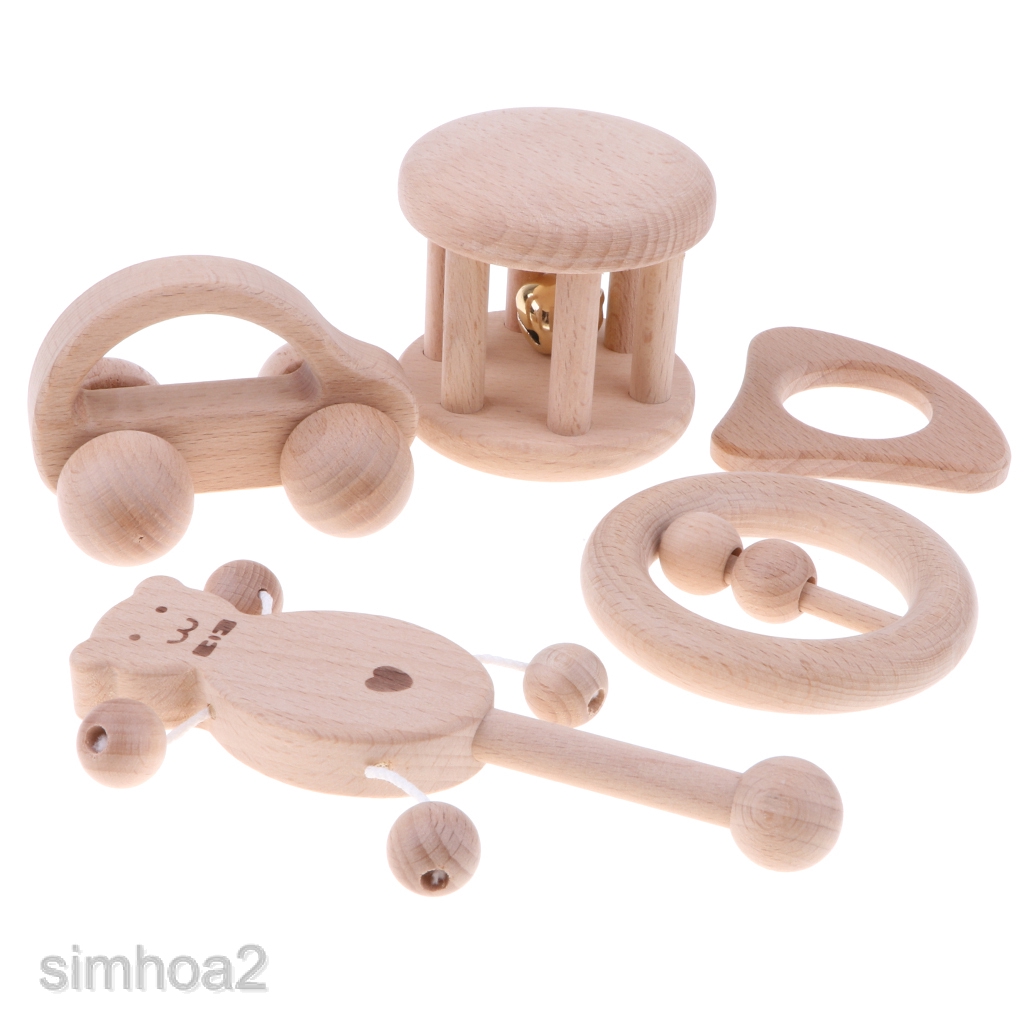 5 Piece Wooden Baby Rattle Teether 