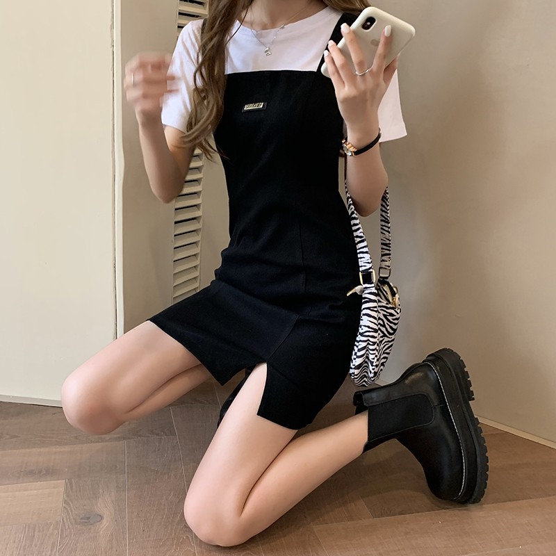 black strap dress with white t shirt