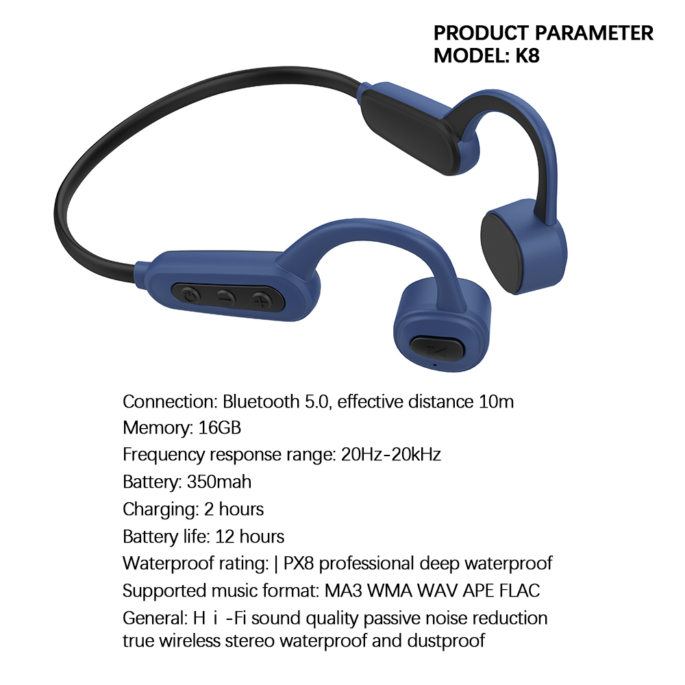 Ipx8 Waterproof Mp3 Player Swimming Headphones K8 Bone Conduction Wireless Bluetooth Headphones Built-in 16gb Memory