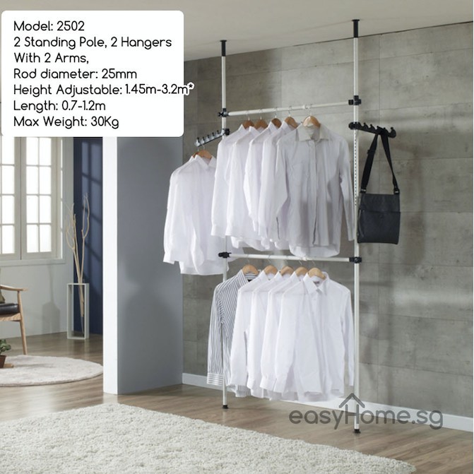 Korean Standing Pole Clothes Rack 2502, Floor To Ceiling Laundry Pole With 3 Hanging Arms