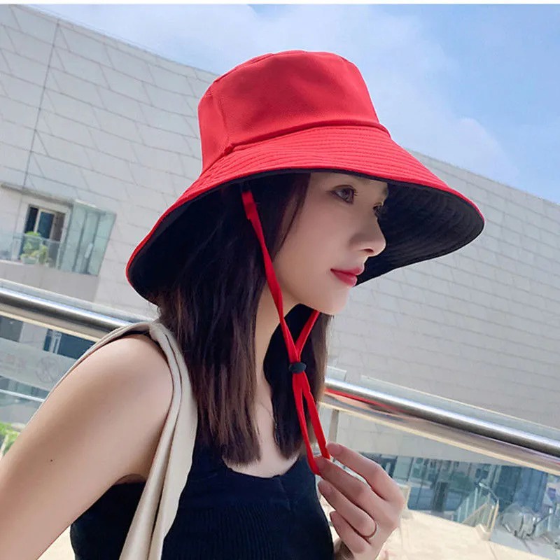 Image of Summer Fashion Women's Big Frame Solid Color Double-sided Sunscreen Fisherman Hat Breathable Cotton Outdoor Travel Bucket Hat #7