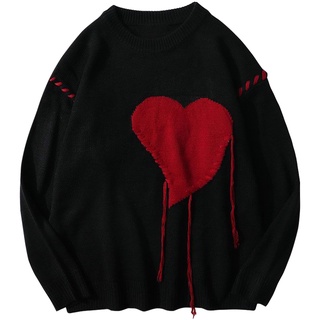 Harajuku Love Pattern Knitted Sweater Men Letter Punk Rock Black Red Gothic Vintage Grandpa Sweater Women Cute Pullover
