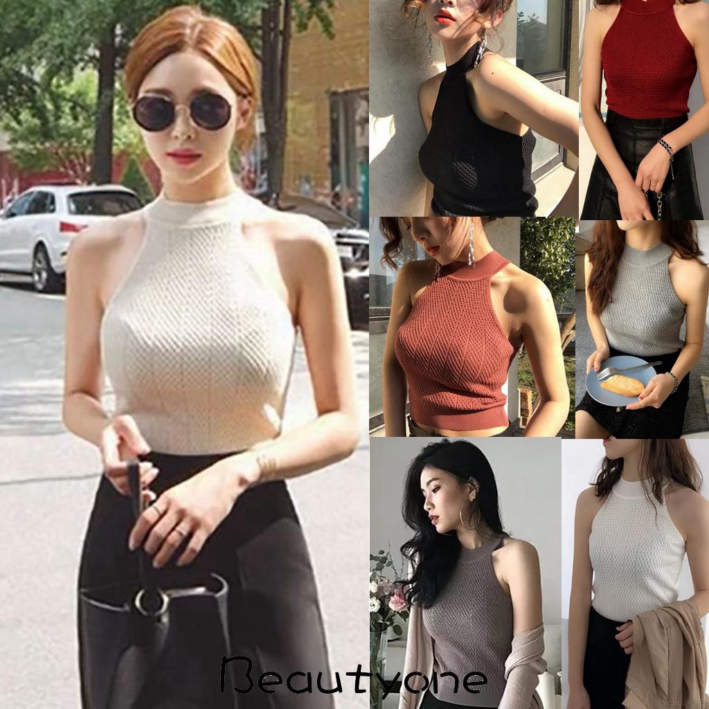 Women Korean Style Halter Sleeveless Knitted Tank Top Shopee Singapore