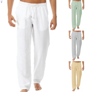 Men's Cotton Linen Pants Casual Drawstring Beach Yoga Loose Long Trousers Elastic Waist Lightweight Drawstring with Pockets Unisex Clothing