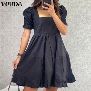 Image of VONDA Women Summer Plain Short Sleeve Ruffled Square Collar A-line Dress