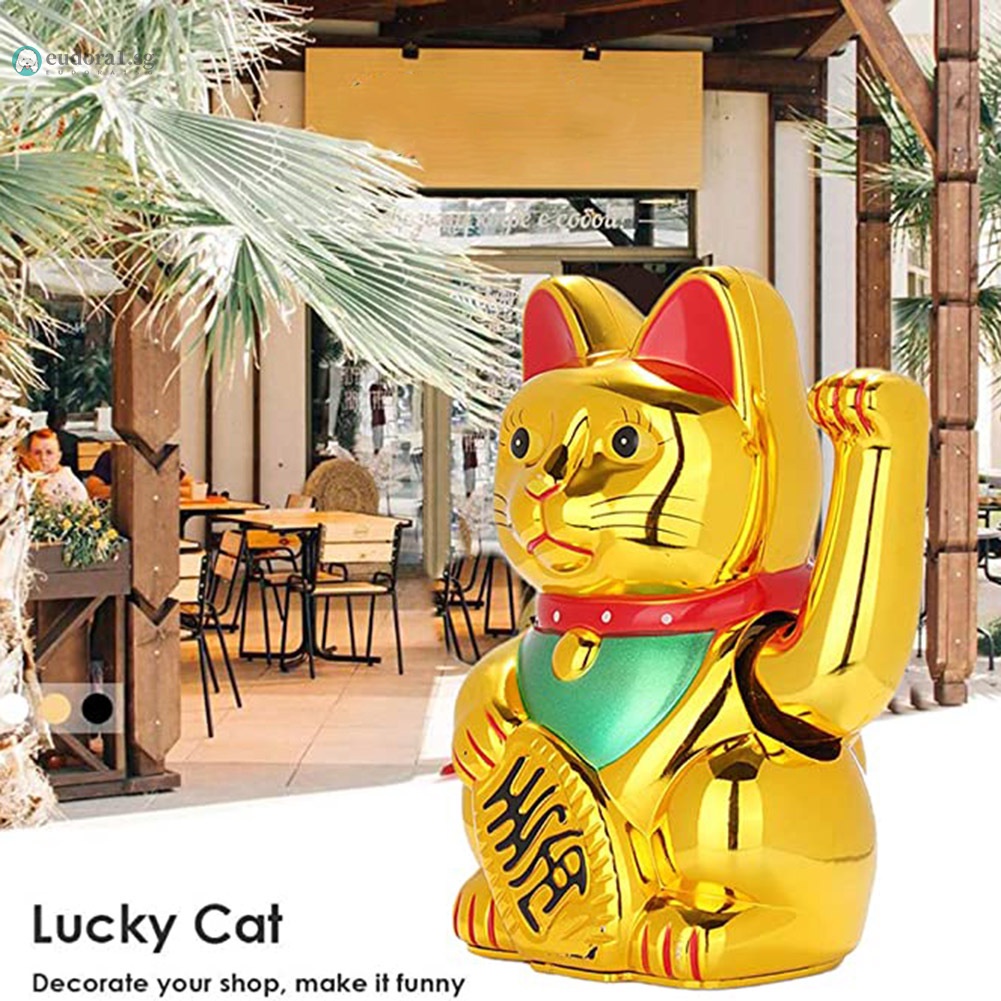 Gold Maneki Neko Japanese Beckoning Fortune Money Lucky Cat AA Battery 4.5" New 