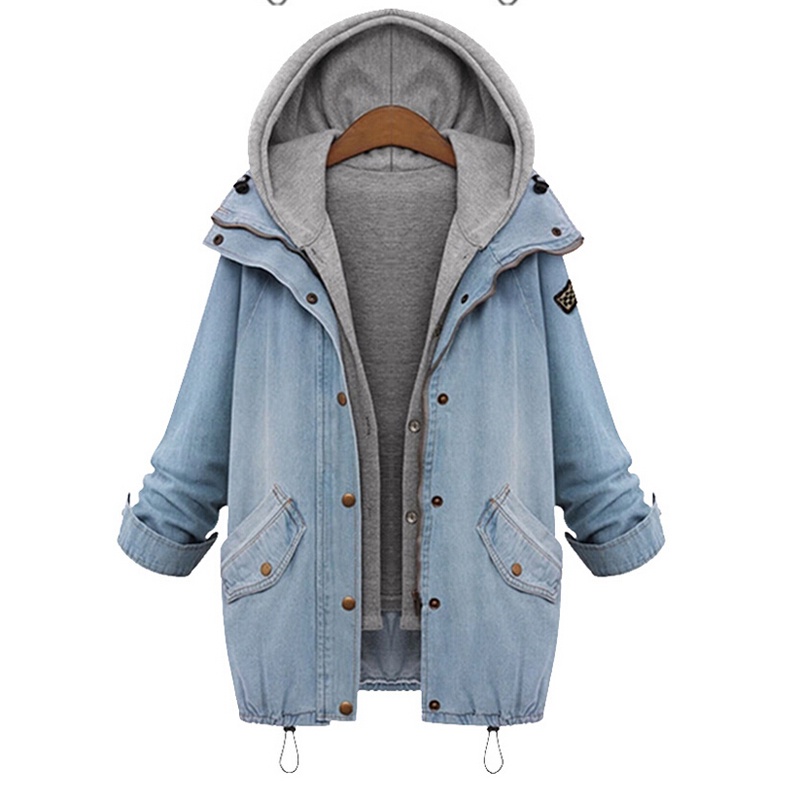 Women and Girls Loose Large Size Two Piece Hooded Denim Jacket Light Blue
