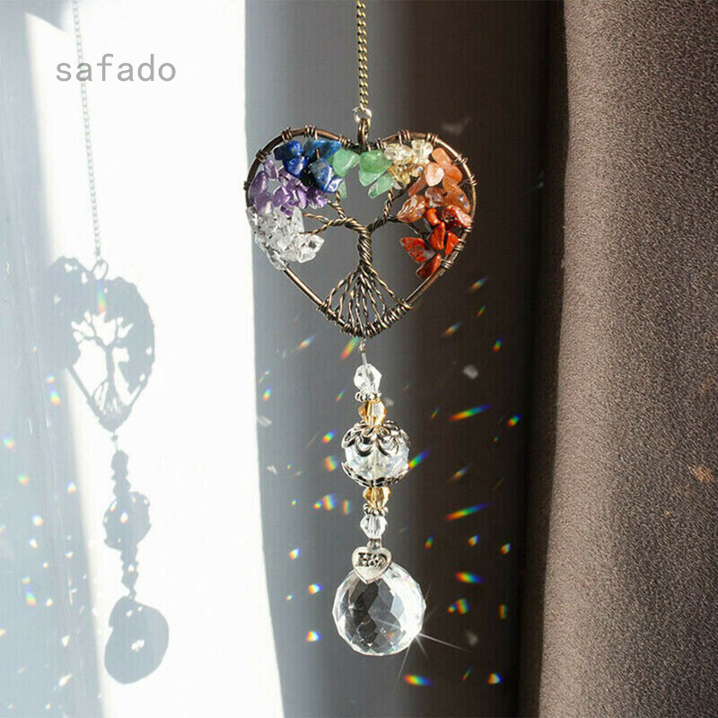 Hanging Crystal Prisms Suncatcher Ornament Cross Tree of Life Charm 7-Color Rainbow Beads Pendant for Window Garden Decoration 