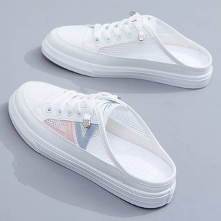 Image of Baotou small white shlip-in shoe summer 2021 new canvas white slip-in shoe with breathable net