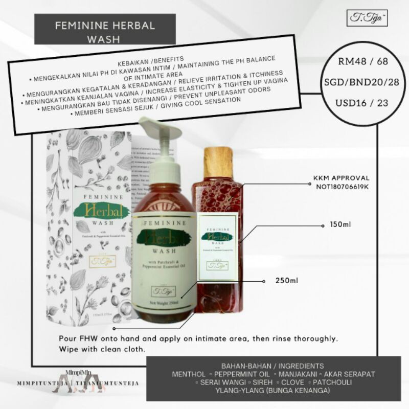 Feminine Herbal Wash By Tun Teja Ready Stock 150ml 250ml Free Gift Shopee Singapore