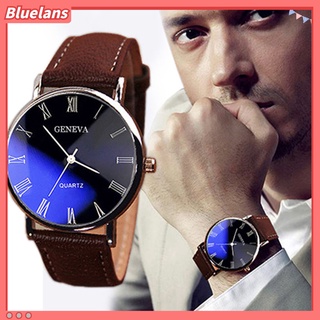 Fashion Men Roman Numerals Blu-Ray Faux Leather Band Quartz Analog Business Wrist Watch