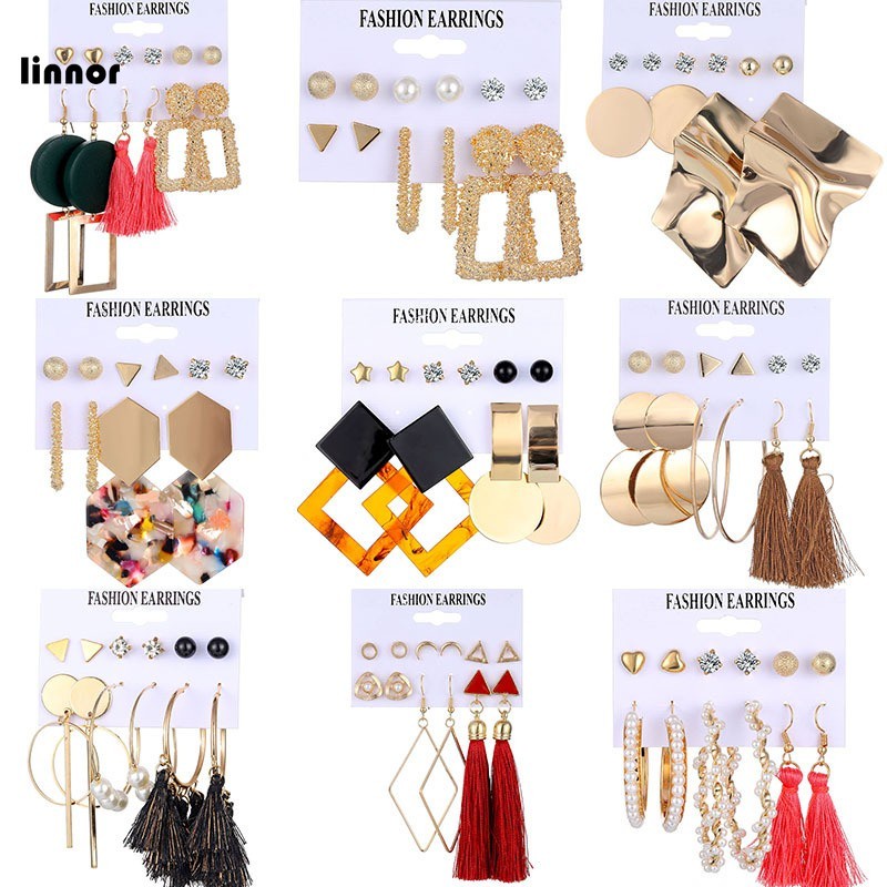 12 Pcs/Set Female Set Earrings Gold Geometric Metal Acrylic Acetic Acid Tassel Earings Jewelry Acces