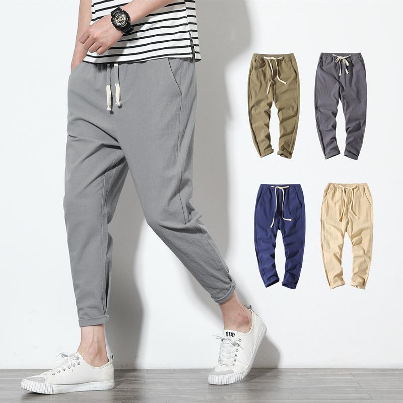 Summer new style Korean casual cotton and linen nine-point pants men elastic belt casual 9-point pants men linen harem p
