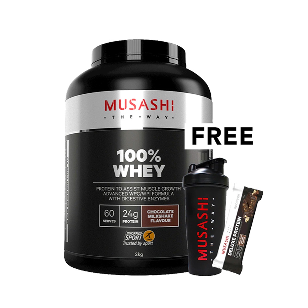 Musashi 100 Percent Whey Powder 2kg Assist Muscle Growth WPC Formula Free 600ml Shaker + 1