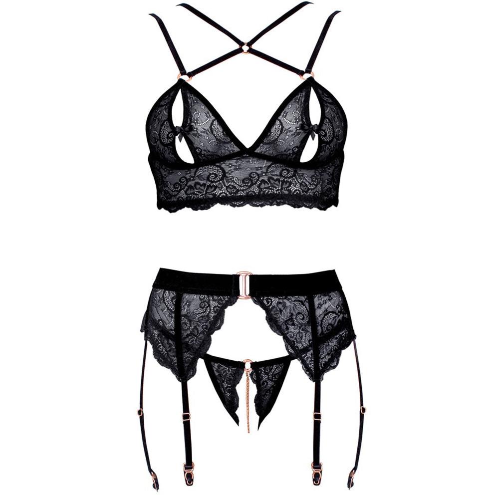 Abierta Fina Lacey Bra And Crotchless String Suspender Lingerie Set (4 ...