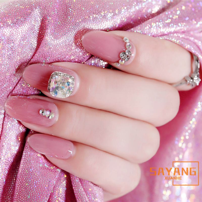 Sayang Lady Pink Fake Nails Bride Wear Medium Length Nail Art Carved Diamond R Shopee Singapore