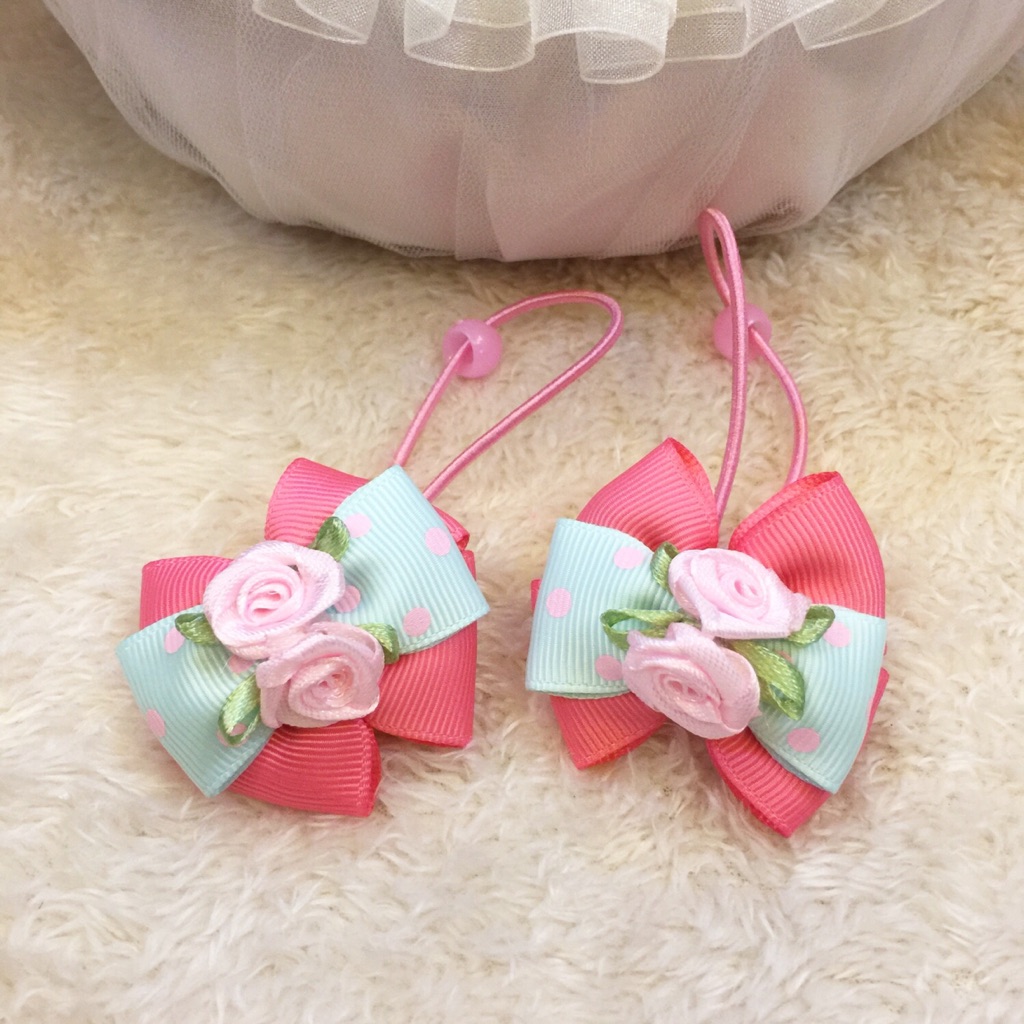 Pretty Coral Pink Cyan Polka Dots Bow Children Hair Tie Band Kids