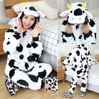 Image of Adults Cute Cartoon Cow Onesies Women Flannel Long Sleeve Pajamas Kigurumi Unisex Animal Sleepwear Anime Cosplay Costume