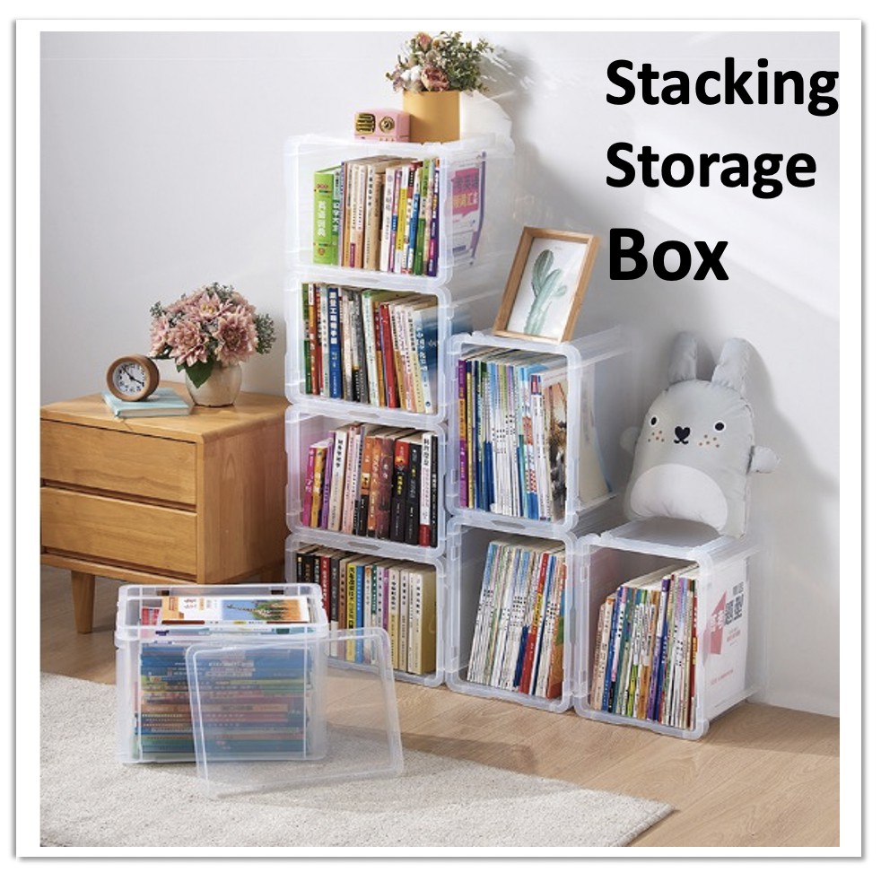 Book Storage Box Bookshelf Bookcase Stacking box Stackable Bin with Lid Transparent Box Shopee