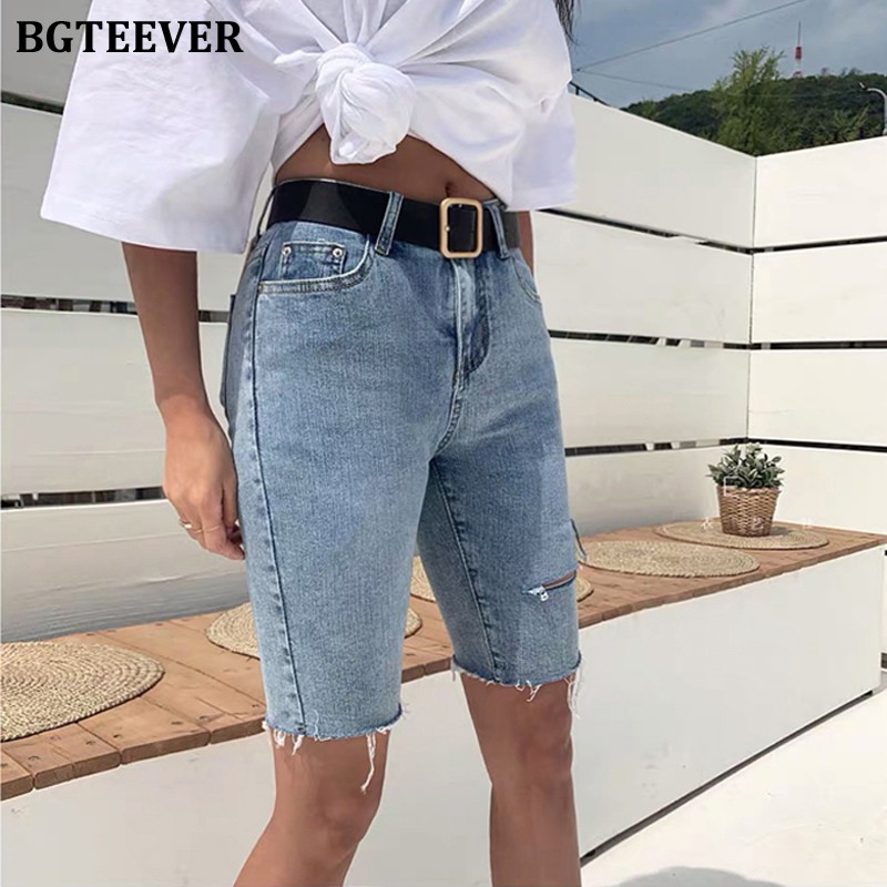 Yuoomuoo Casual Stretch High Waist Blue Destroy Ripped Denim Shorts Women Pockets Tassel Midi Shorts Jeans For Women Summer Valentines Gift Shopee Singapore