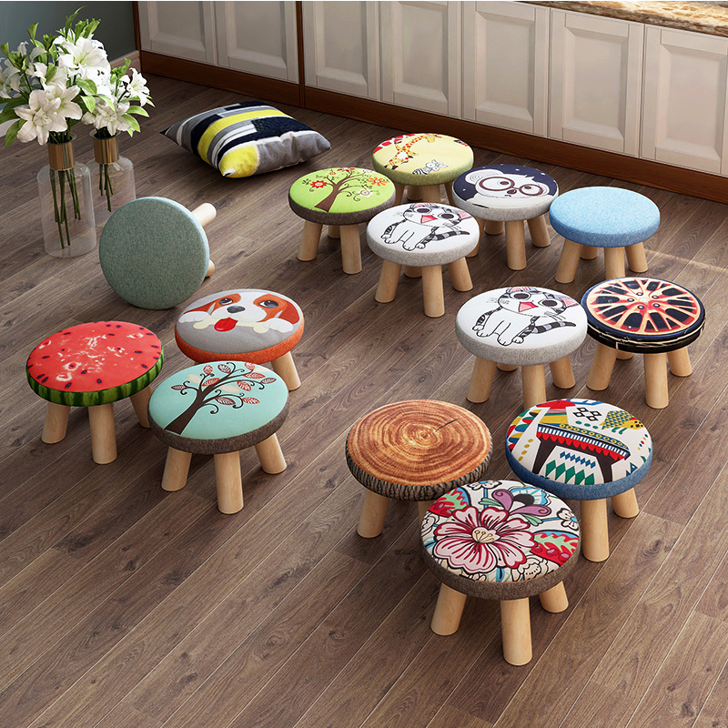 Solid Wood Small Stool Round Footstool, Wooden Footstool With Cushion