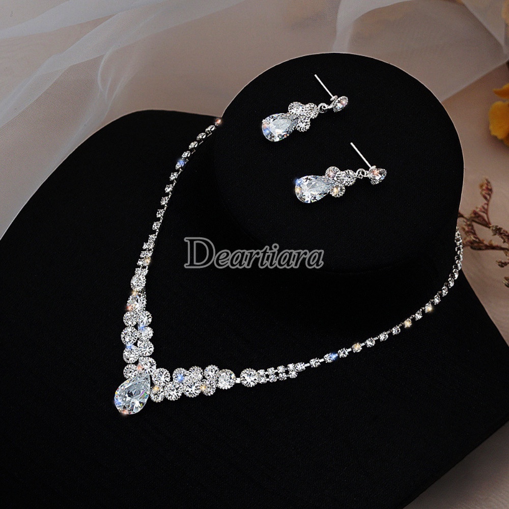 Image of Fashion Bright Full Diamond Zircon Water Drop Necklace Earrings Set Bridal Wedding Jewelry #1