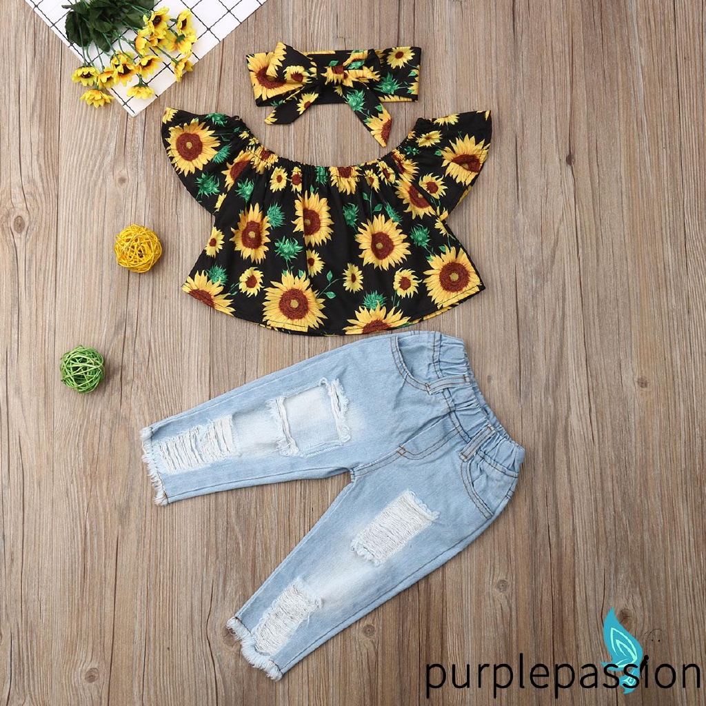 Bღbღ Toddler Girl Clothes Off Shoulder Sunflower Print Tops Ripped Denim Pants Headband 3pcs Outfits Shopee Singapore - clothes roblox blue ripped jeans girl outfits ripped jeans