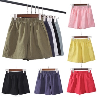 S&Q 2022 Women Loose Shorts Summer Elastic Waist Cotton Linen Solid Color Ladies Casual Pants
