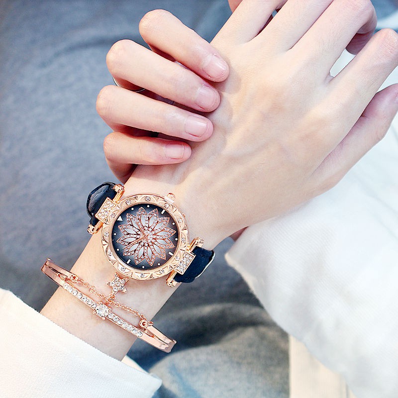 Women Watches Bracelet Set Starry Sky Ladies Bracelet Watch Casual Leather Quartz Wristwatch Clock