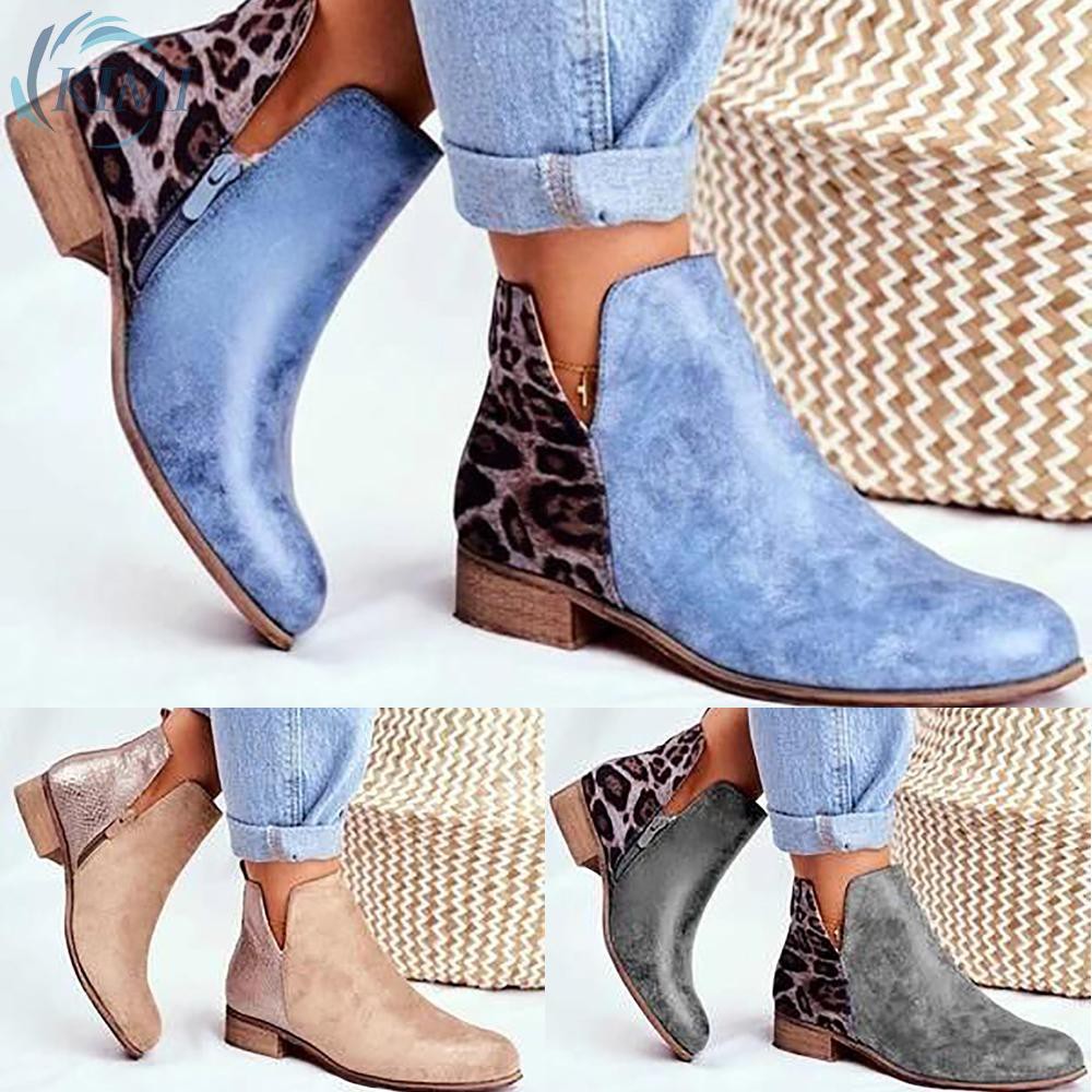 Details about  / Women Ladies Leopard Flat Ankle Boots Low Heel Casual Chelsea Booties Shoes Size