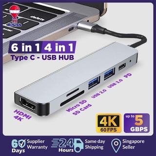 Type C to USB /4K HDMI /SD Card /TF Card /PD Charge | 4 & 6 Ports 5gbps Data Transfer USB Hub Adapter [SG Seller]