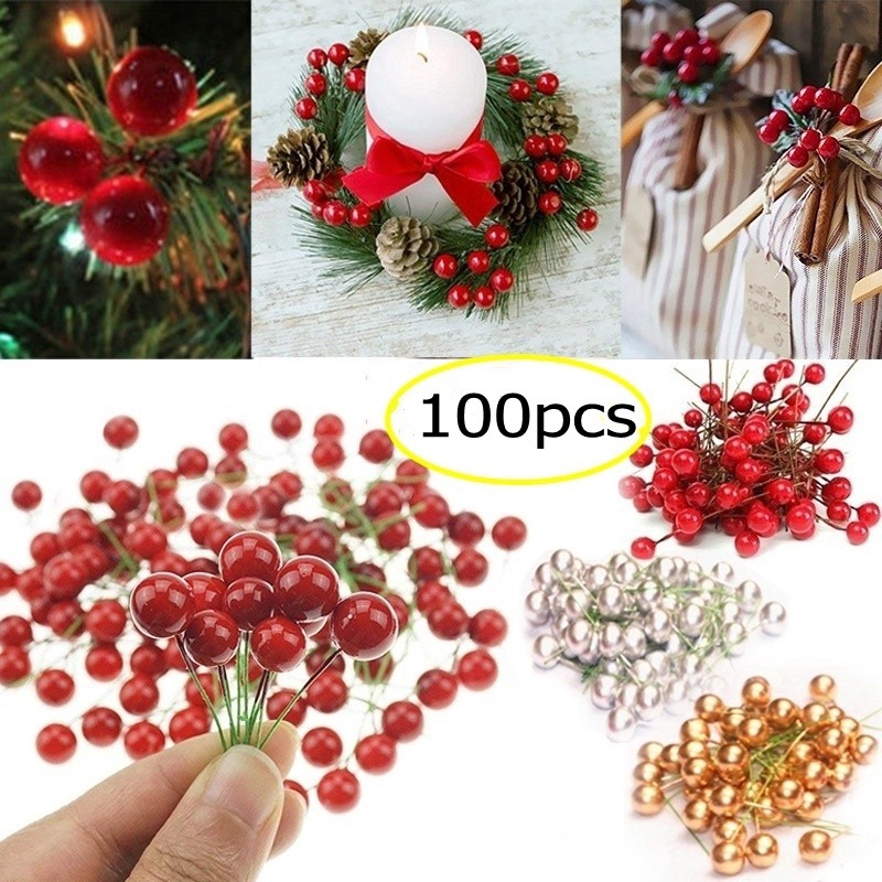 100pcs Red Artificial Holly Berry Bundle Garlands for DIY Christmas Hanging